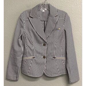 St John Sport White Black Stripe Seersucker Blazer Size P Classic Coastal